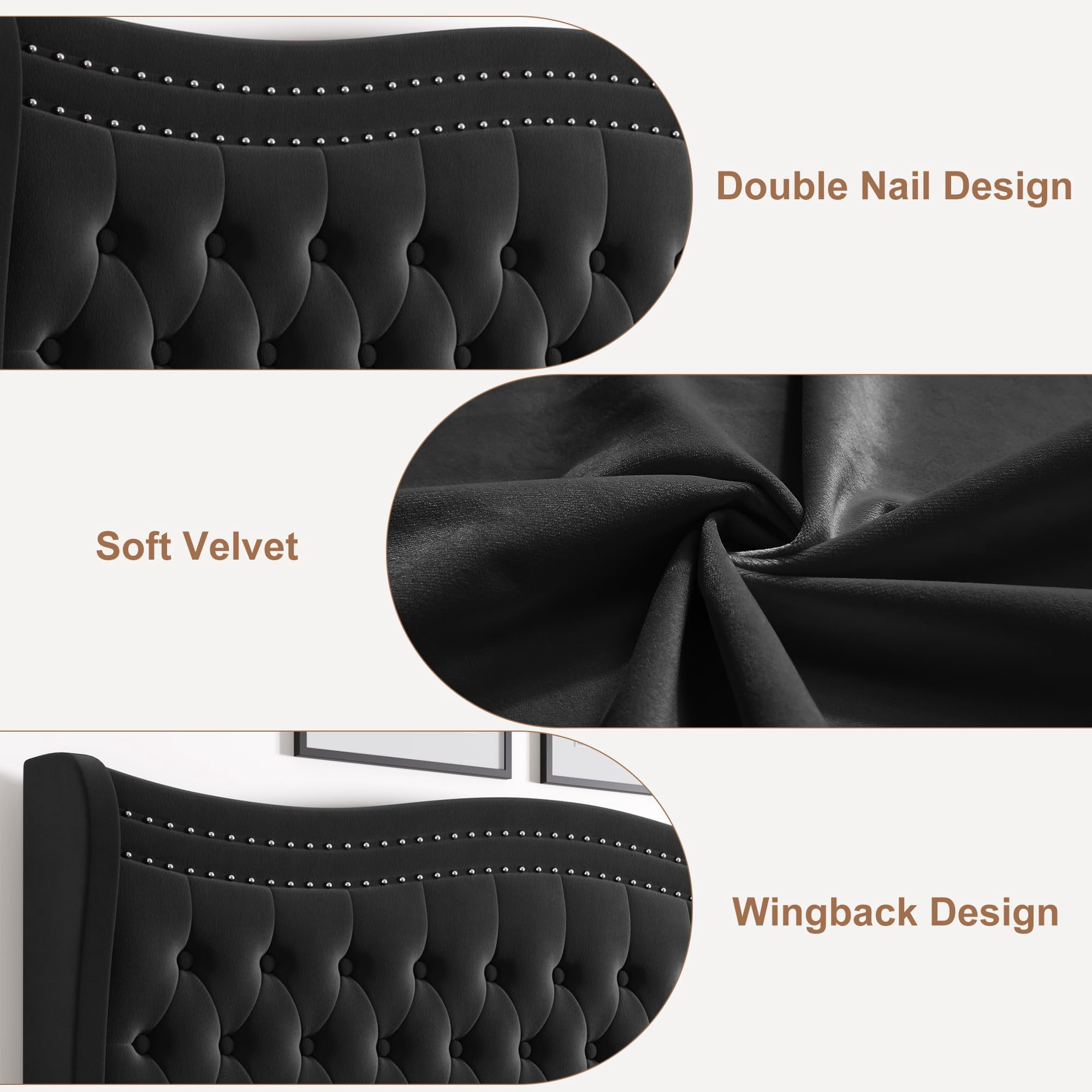 Miniyam Full Size Wingback Bed with 52" Velvet Upholstered Headboard, Nailhead Trim, Sturdy Wood Slats for Adults, Black