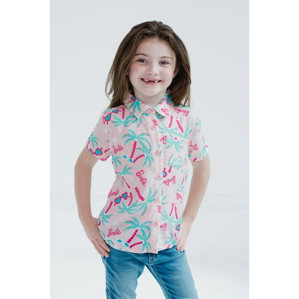 barbie dress shirt Barbie Toddler Girls Hawaiian Button Down Dress Shirt Pink / palm trees 4T