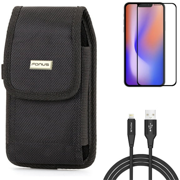 Screen Protector & 6ft USB Cable & Case Belt Clip for iPhone 13/Pro ONLY - Anti-Glare Tempered Glass Matte   Charger Cord Power Wire   Rugged Holster Canvas Combo