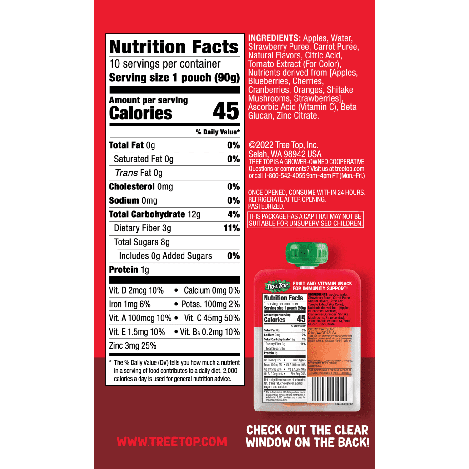 Tree Top FAVs® Strawberry Fruit and Vitamin Immunity Pouch, 3.2 Ounce, 10 Count