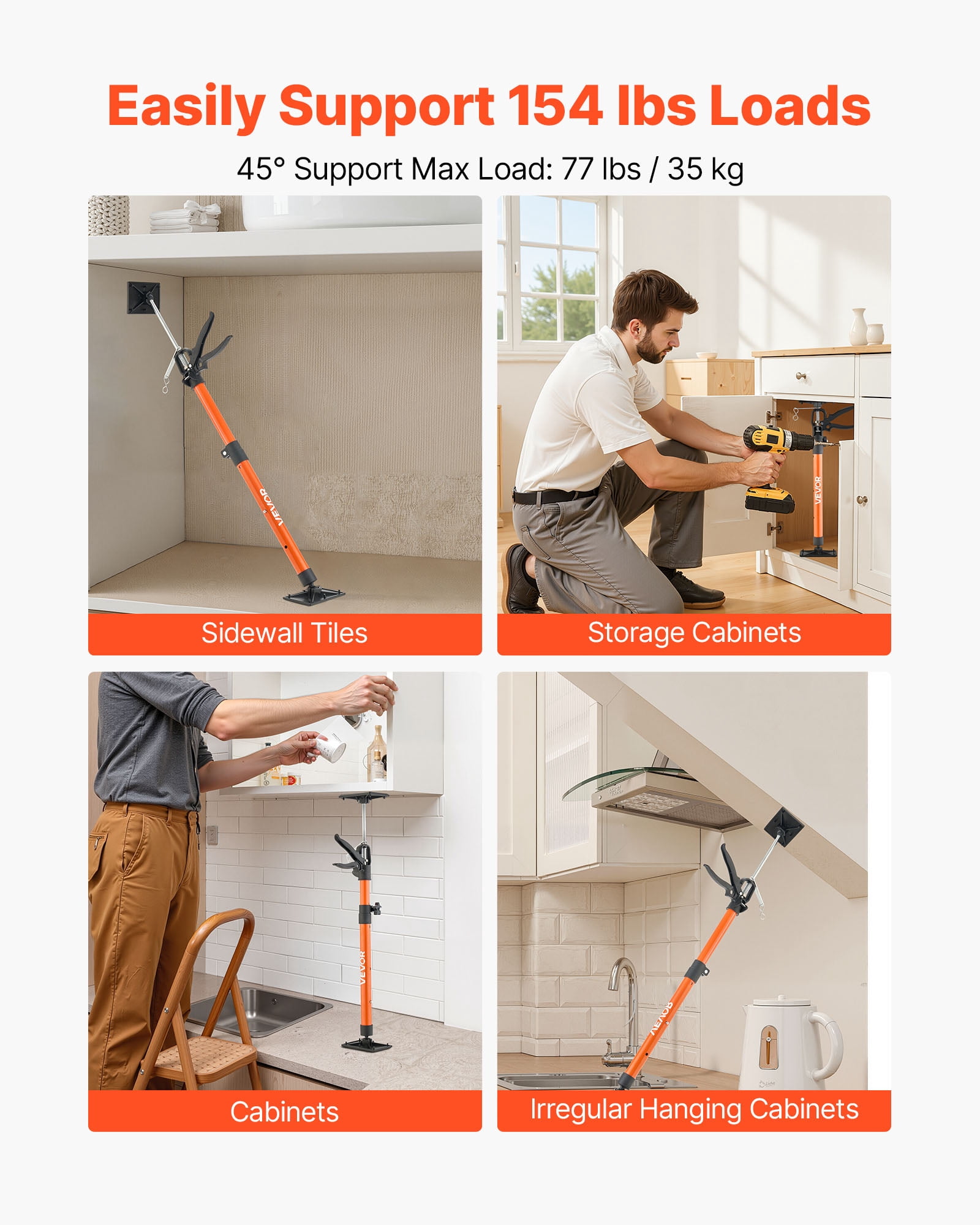 VEVOR Cabinet Jack Support Pole, 2-Pack, 21.3-60 Inch Steel Telescopic Quick Support Rod, Adjustable 3rd Hand System up to 154 lbs Capacity for Installing Cabinets, Lifting Drywall, Cargo Bars