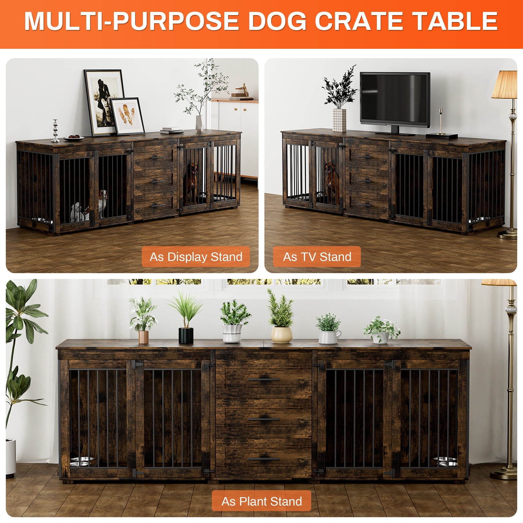 Rophefx 95.4" Dog Crate Furniture for 2 Dogs,Large Kennel with 3 Drawers and 4 Bowls,Wooden Heavy Duty Indoor Dog House,Brown