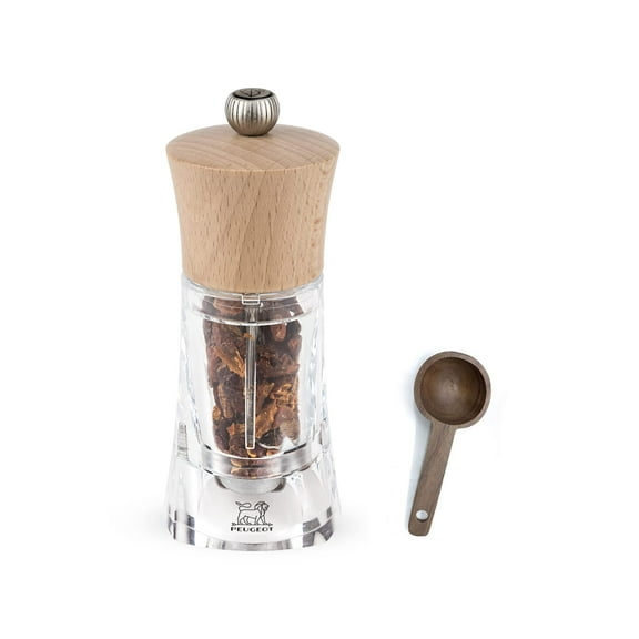 Peugeot - Oleron Manual Mill Chili Mill - Transparent Adjustable Grinder - Acrylic and Beechwood, Natural, 5.5 Inches - With Wooden Spice Scoop Spoon