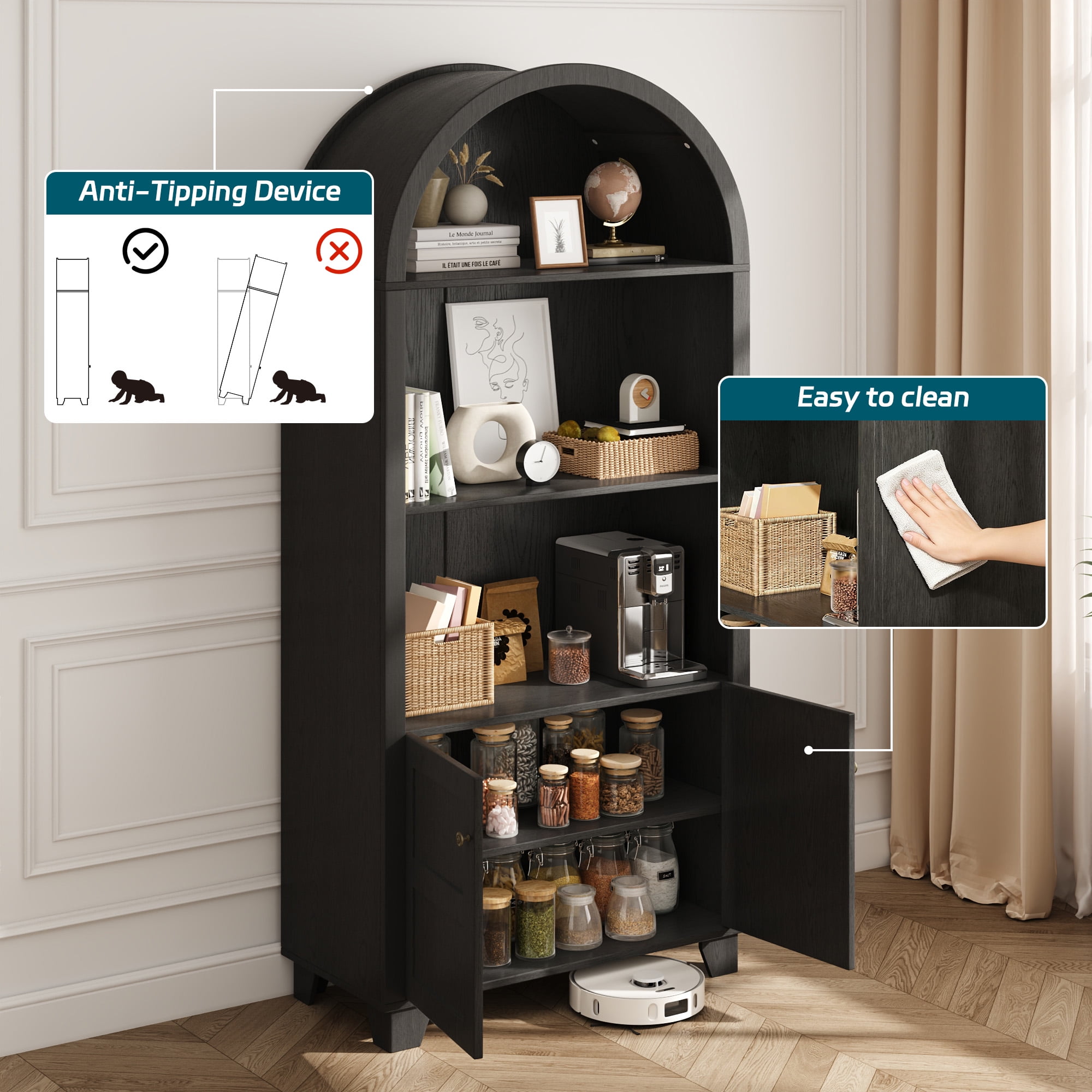 70'' Tall Arched Cabinet, Arched Kitchen Pantry Cabinet with 2 Doors and 5shelves, Open Storage Cabinets Display Bookcase, Versatile Cupboard for Living Room(Black)