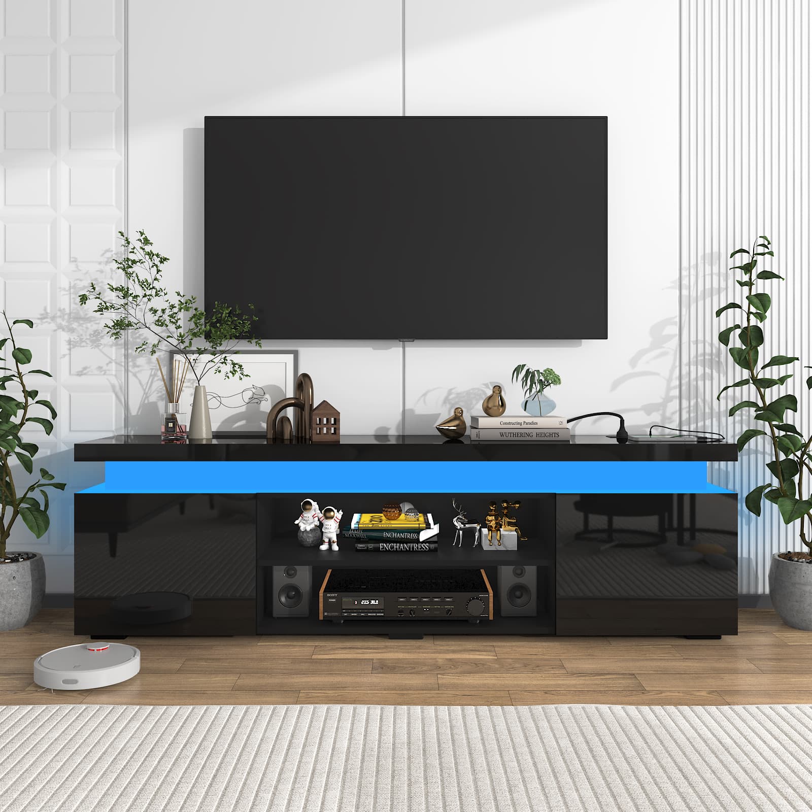 Chvans 85" LED TV Stand with Power Outlet, Black Gloss photo 8