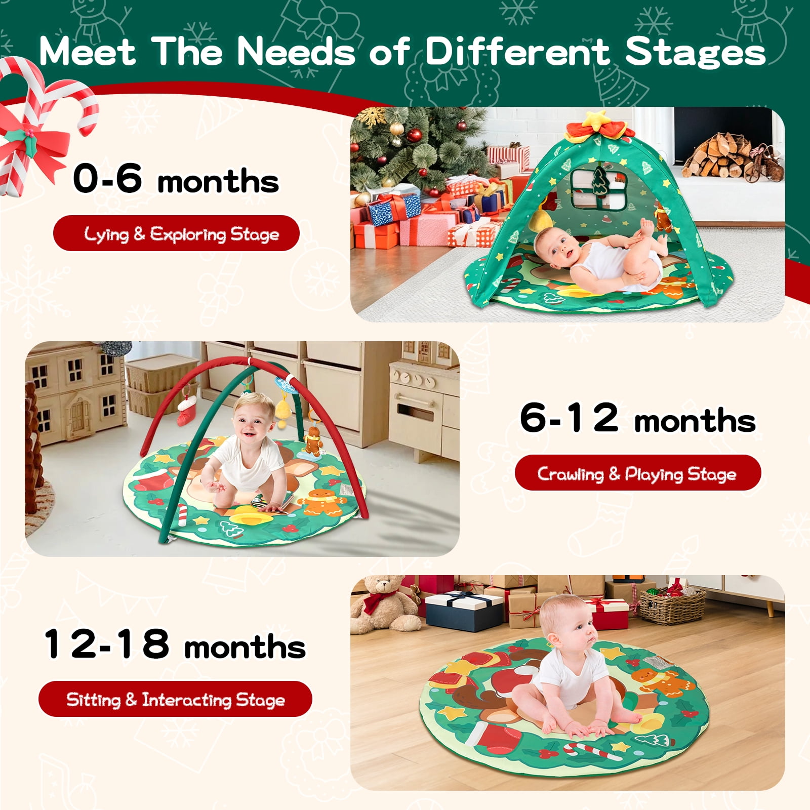 BEINGMATE Care Play Gym Activity Extra Large Baby Playmat for Newborns Infants with 6 Detachable Toys, Christmas