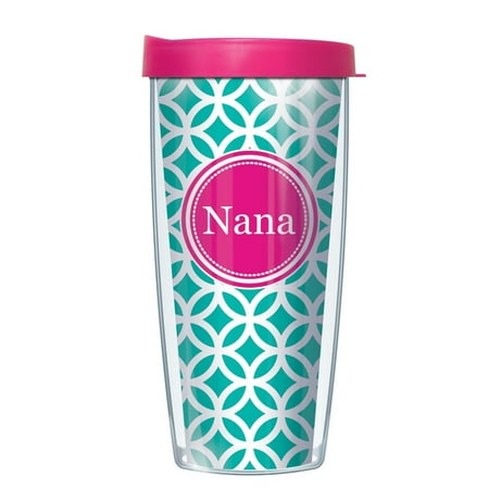 

Signature Tumblers Pink Nana Insignia Wrap on Teal and White Roundabout 16 Ounce Double-Walled Travel Tumbler Mug with Hot Pink Easy Sip Lid