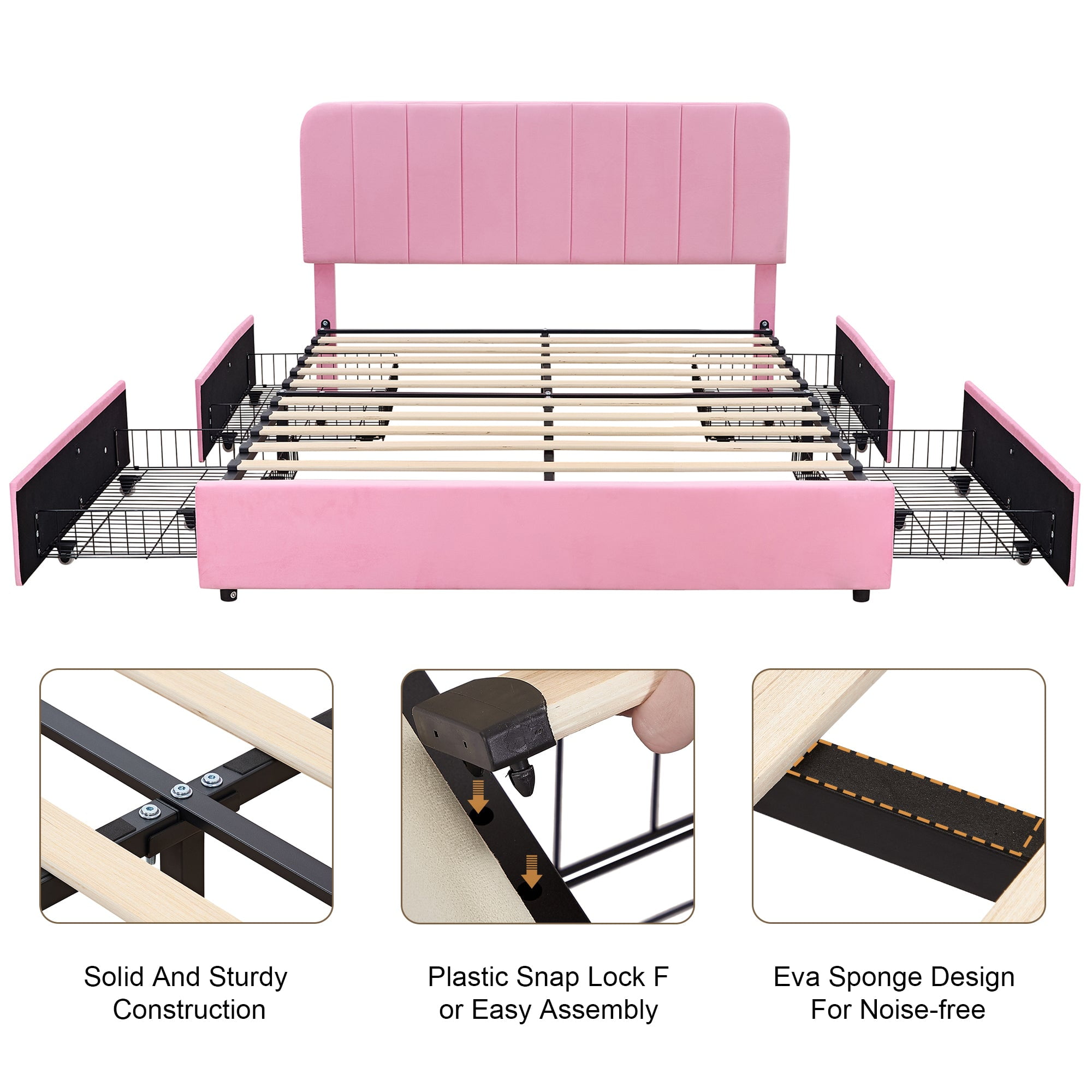 VECELO Full Size Bed Frame with 4 Storage Drawers, Modern Upholstered Platform Bed Frame with Adjustable Headboard, No Box Spring Needed, Pink
