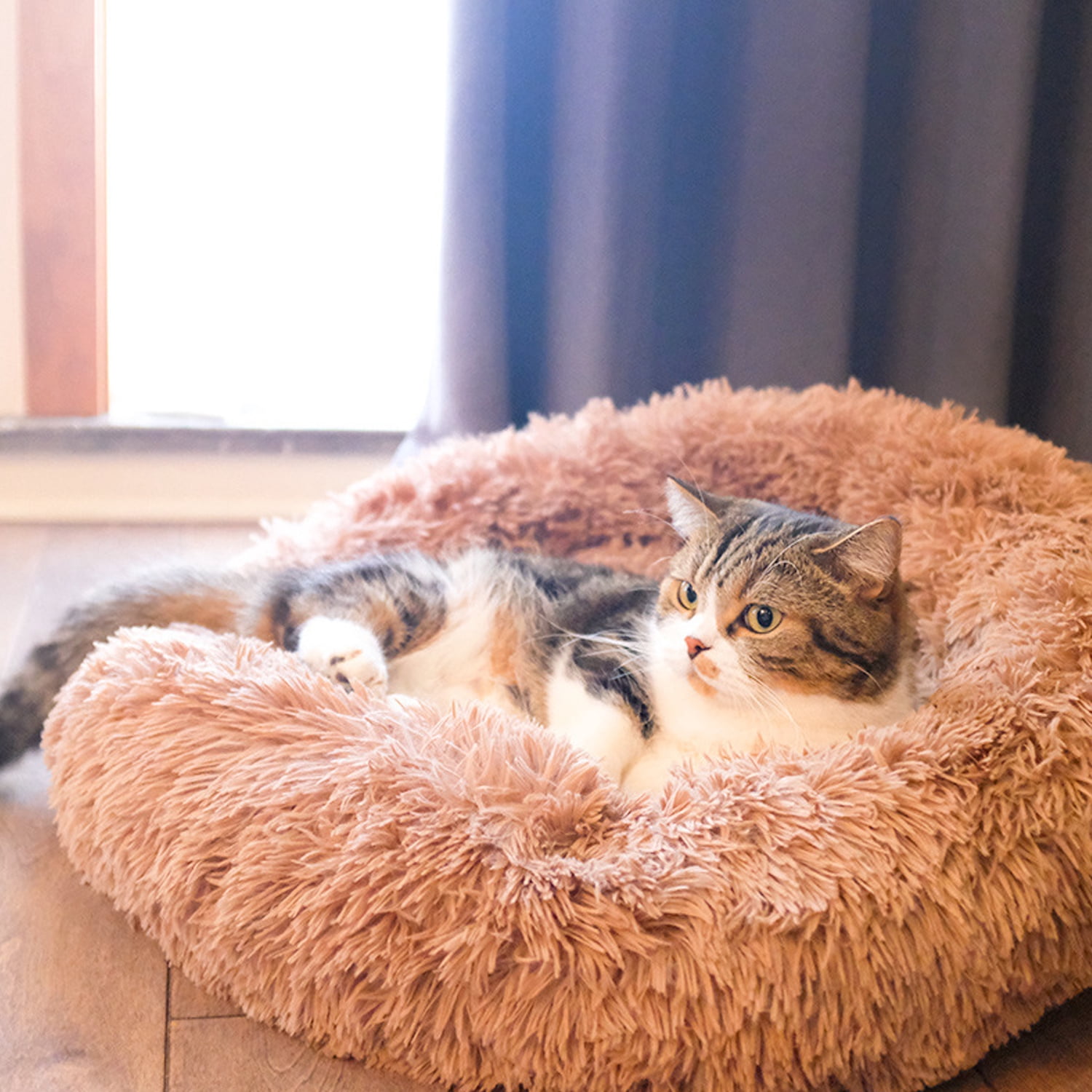 Calming Dog & Cat Bed, Anti-Anxiety Warming Cozy Soft Round Bed, Fluffy Faux Fur Plush Cushion bed for Cats Small Medium Dogs Brown XL