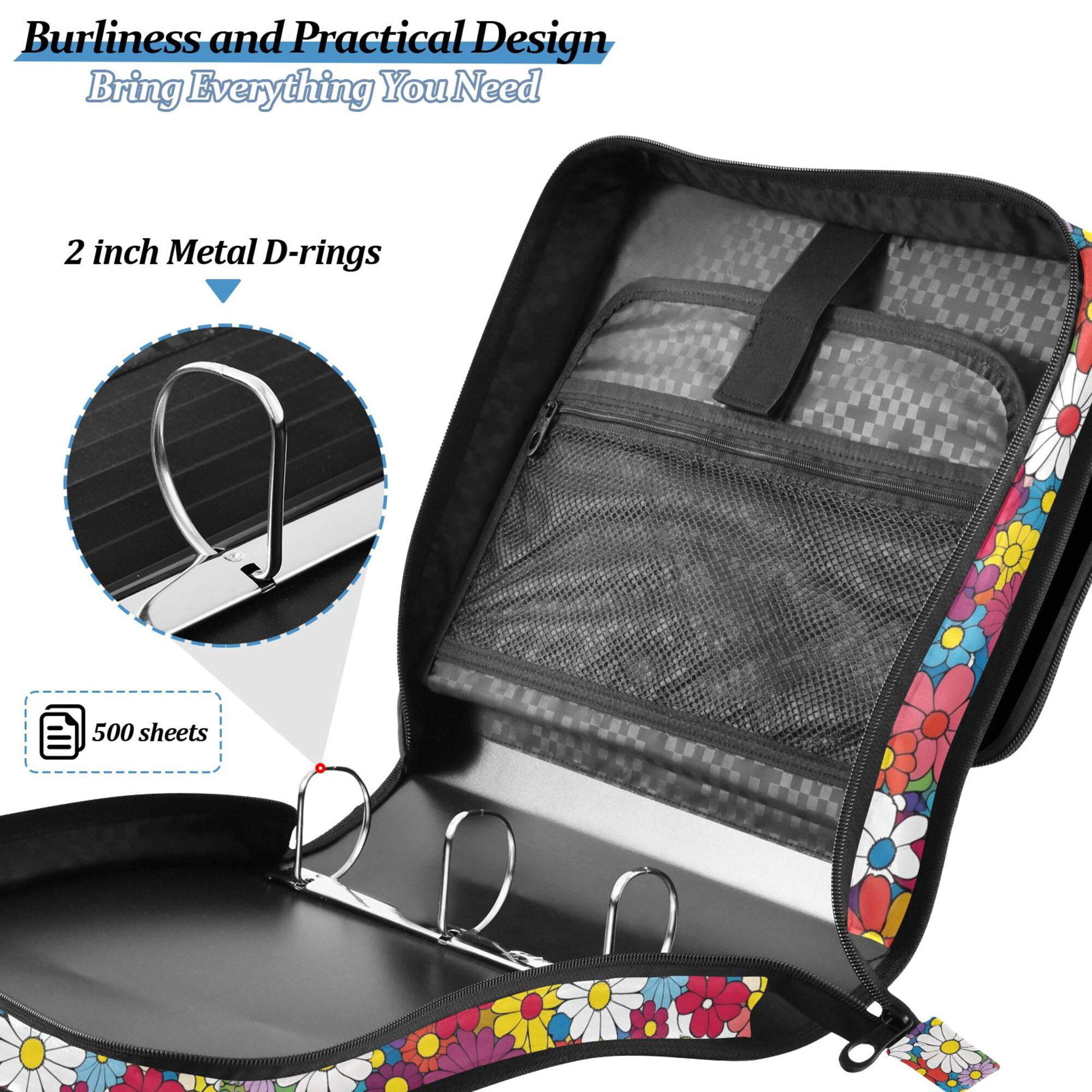 FORMRS Zipper Binder with Shoulder Strap 2-inch Ring 500 Sheet Capacity File Bag, Whimsical Floral