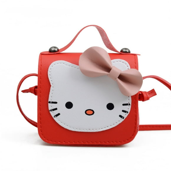 Red KT Cat Themed Single Shoulder Bag with PU Bowknot - Lightweight 70g, 11x6x11CM Compact Size, 95CM Adjustable Shoulder Strap, Rivet-Reinforced Handle, Spacious Interior for Kids' Daily Essentials,