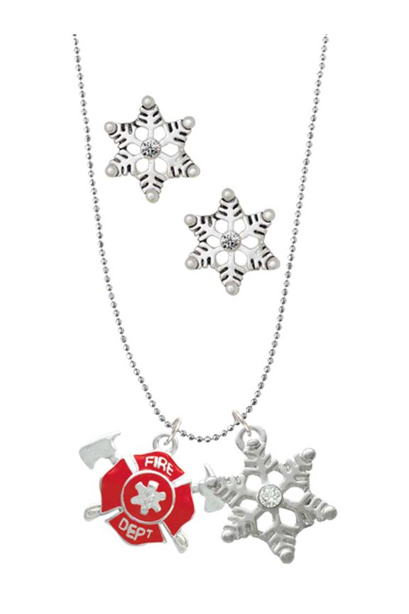 Silvertone Red Fire Department Shield with Axes Silver tone Snowflake Charm Necklace and Stud Earrings