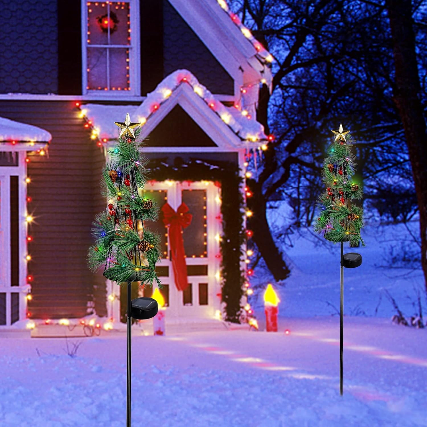 MAGGIFT Christmas Lighted Solar Stake Lights, Outdoor Solar Powered LED Xmas Tree Yard Signs with Star, Light Up Pathway Lights with Multicolor LED, Metal Tree Garden Stakes Lawn Ornament, Set of 2