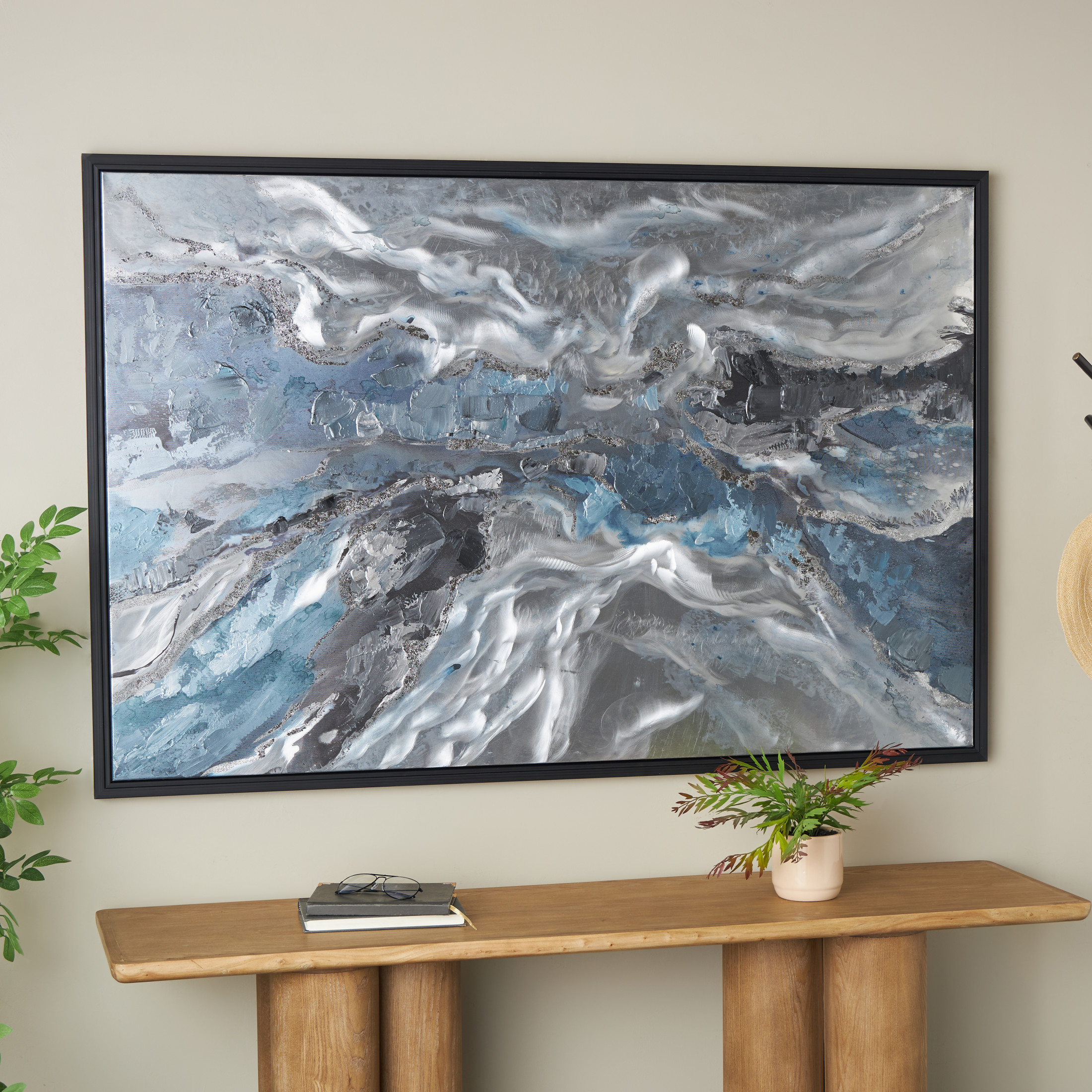 30" x 59" Abstract Framed Wall Art with Silver Foil Accents and Black Frame, by DecMode