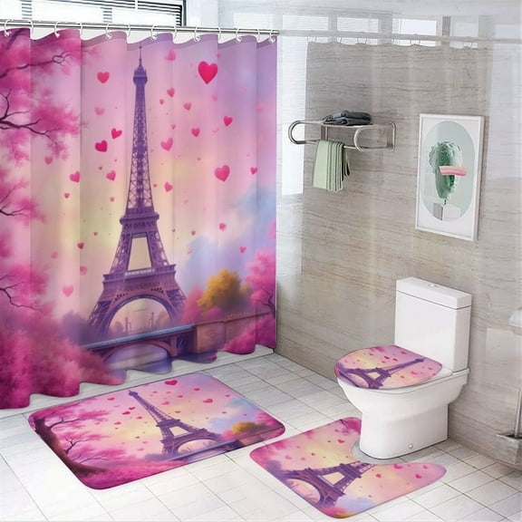 Romantic Paris Eiffel Tower Shower Curtain Sets Non-Slip Rugs Bath Mat Toilet Cover U Shaped Mat 4 Pcs