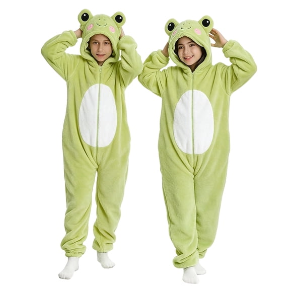 Cute Frog Animal Hooded Sleep Onesie for Children, Thick Soft Flannel Full Body Suit, Skin Friendly Fabric for Birthday Fancy Dress Night Party Green 100