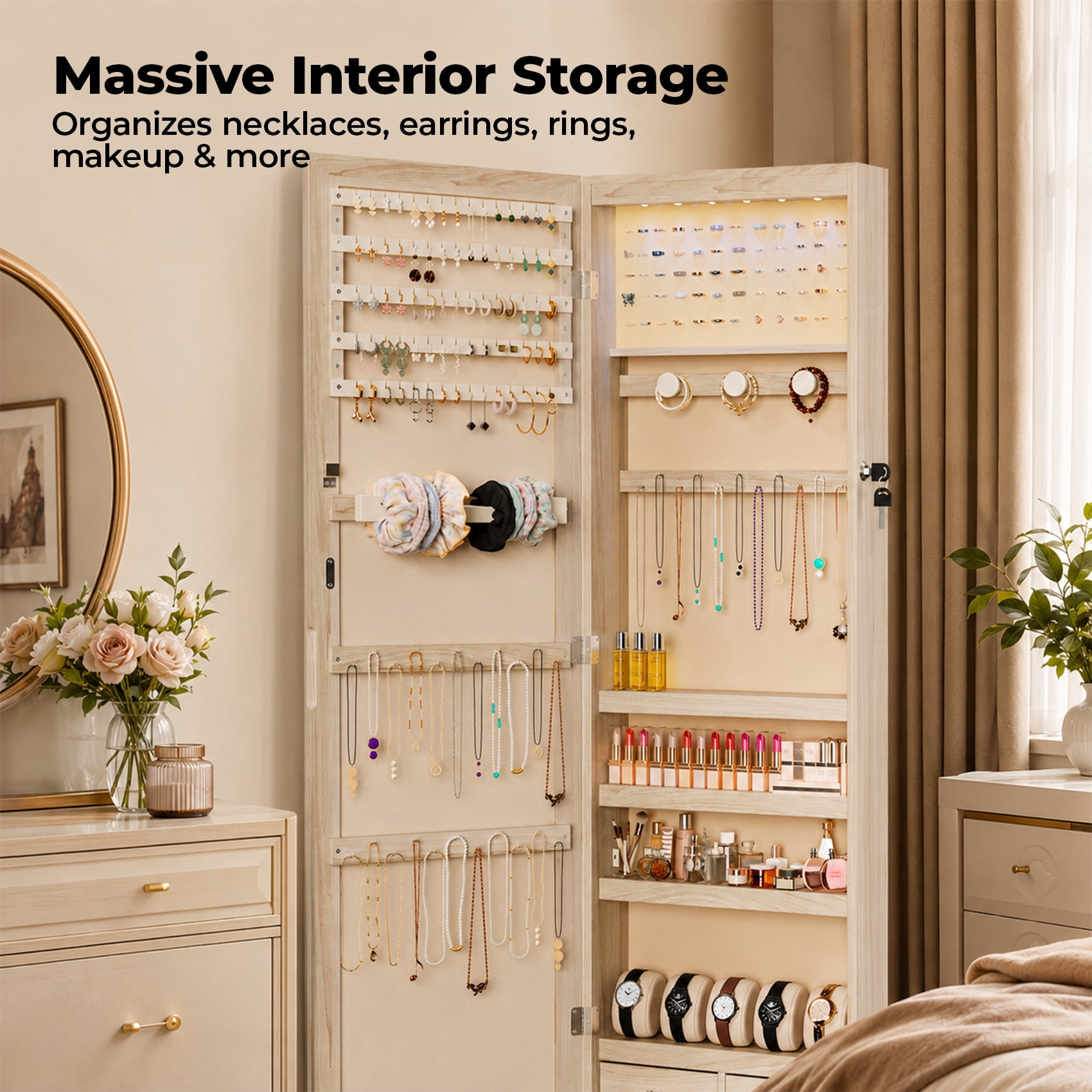 Alvantor Jewelry Organizers and Storage, 47.2-Inch Tall Lockable Wall or Door Mounted Jewelry Armoire Organizer with Mirror, 2 Drawers, 6 LEDs Mirror Jewelry Cabinet