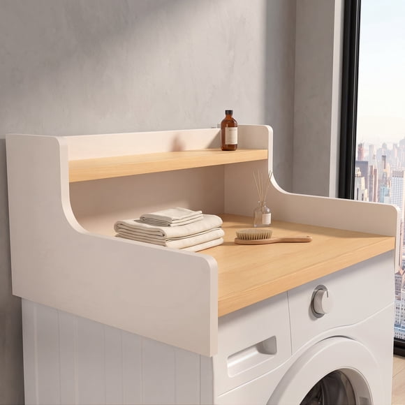 OMCHOM 24'' Washer Dryer Countertop with Shelf, 10.2" Tall Storage Space Wood Laundry Room Organization over Washer and Dryer, Fits Most Standard, White