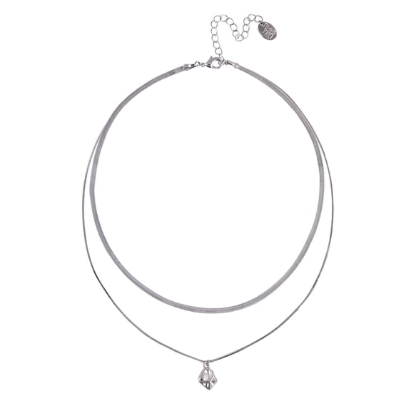 Time and Tru Neckace Silverstone Snake Chain and Small Textured Pendant Necklace