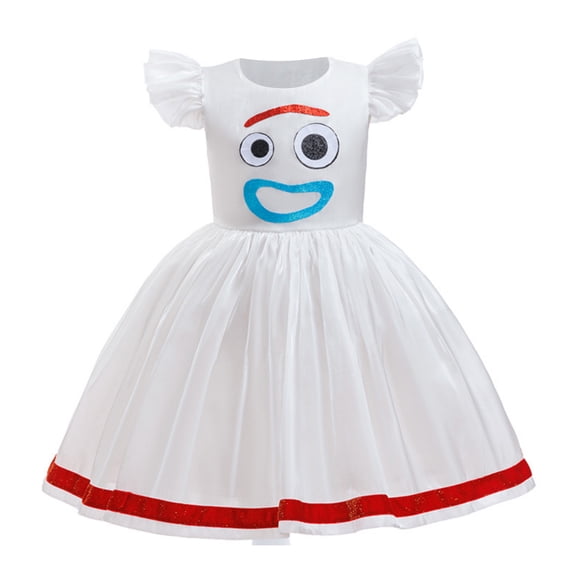 Halloween Costume Spork Character Cosplay Outfits White Flutter Sleeve Sequin Tutu Dress for Novelty Cartoon Dress Up,Size 120