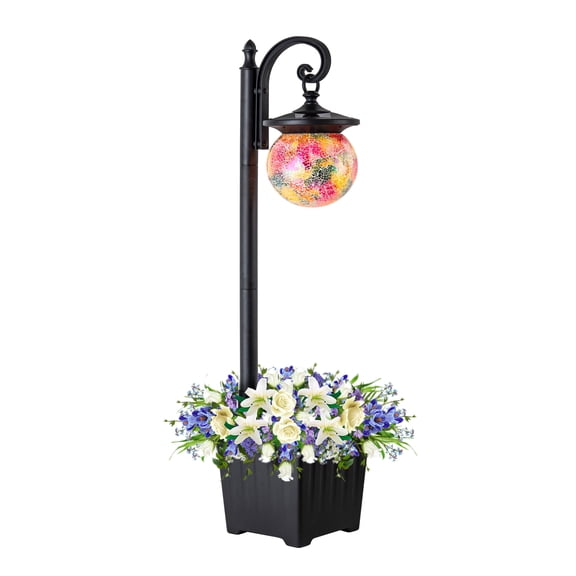 C Cattleya Solar Outdoor Post Light with Planter and Mosaic Glass Shade