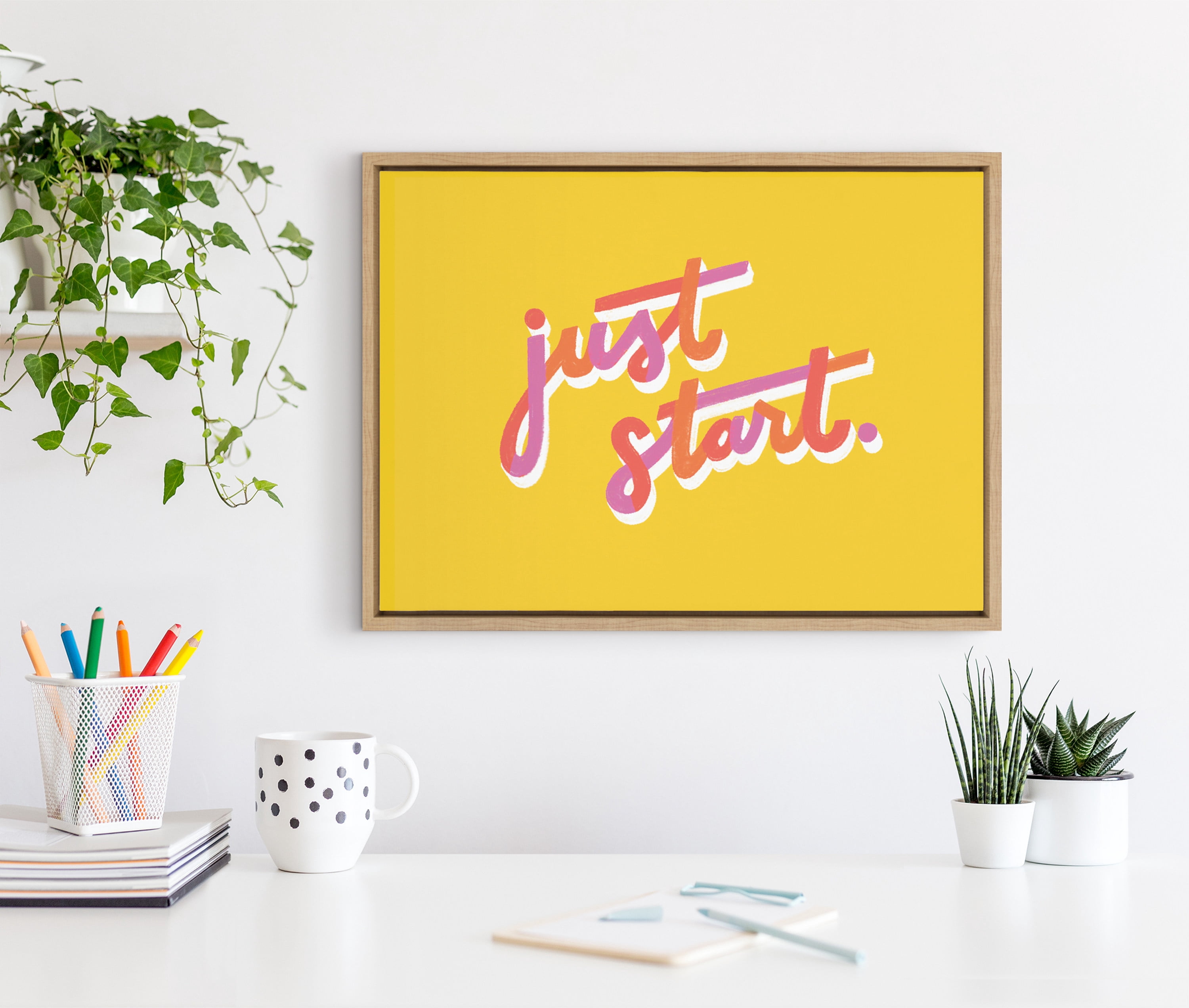 Kate and Laurel Sylvie Just Start Framed Canvas Wall Art by Maria Filar, 18x24 Natural, Inspirational Art for Wall