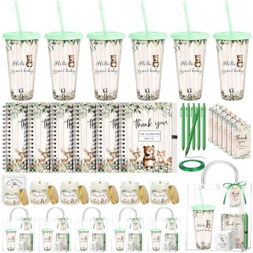 6 Sets Woodland Baby Shower Game Prizes Gifts for Winners Player Plastic Tumbler Notebook Scented Candles Ballpoint Pen Gift Bag Safari Jungle Wild Animal Baby Shower Favor Woodland Game Gift