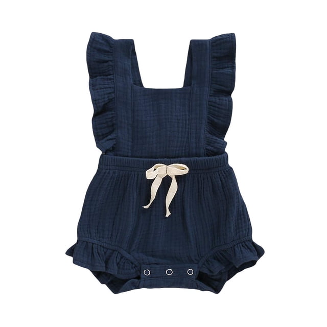 Younger Tree Mameluco Sin Mangas Con Volantes Para Niña Pequeña, Mono Informal De Verano, Ropa De Lino De Algodón (Azul 3-6 Meses)