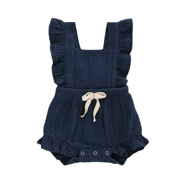 Younger Tree Mameluco Sin Mangas Con Volantes Para Niña Pequeña, Mono Informal De Verano, Ropa De Lino De Algodón (Azul 3-6 Meses)