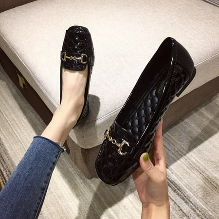 

Women Chain Decor Flat Shoes Fashion Solid Color Flats Soft Sole Faux Patent Leather Flat Loafers Women‘s Footwear
