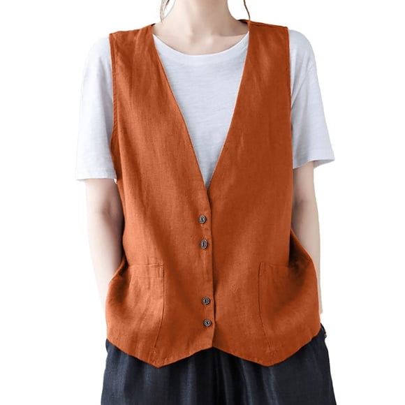 Linen Waistcoats for Women Casual Business Sleeveless Casual Loose Vest Black