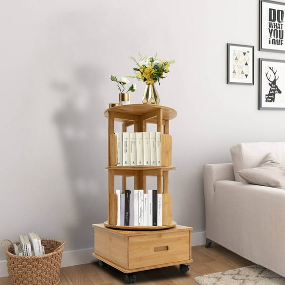 2-Tier Rotating Bookshelf,Bamboo Nightstand,360°Rotating End Table,Multi Storage Table,Side Table with Wheels for Living Room,Bedroom,Study,Office (Log Color)