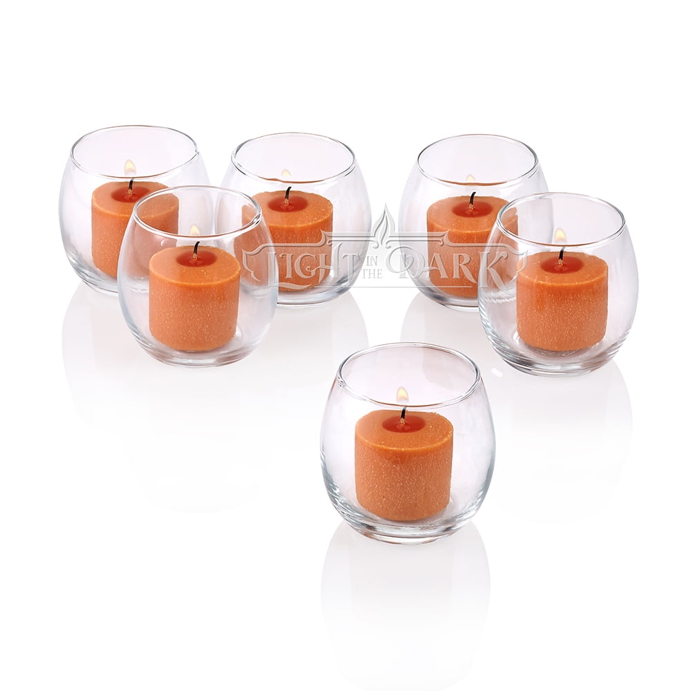 Clear Glass Hurricane Votive Candle Holders With Orange votive candles