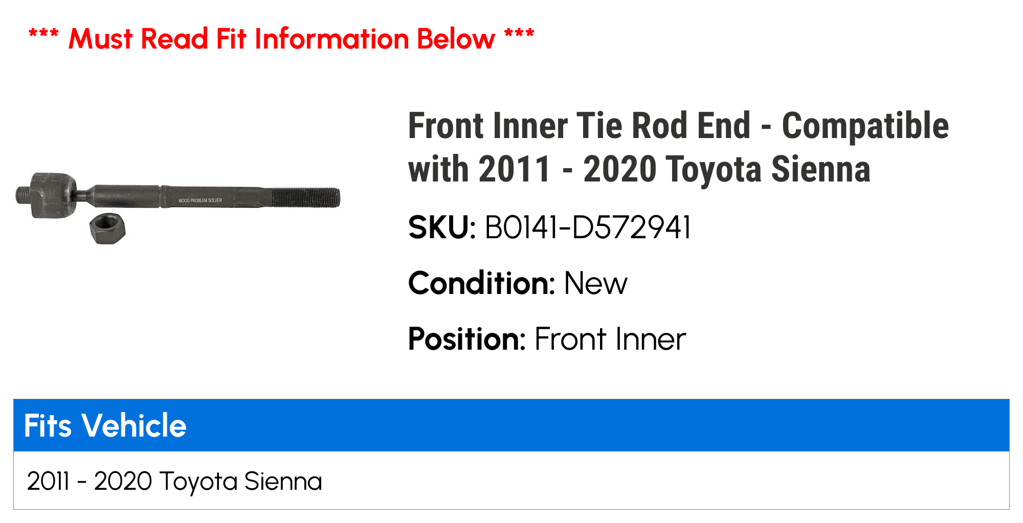 Front Inner Tie Rod End - Compatible with 2011 - 2020 Toyota Sienna - Moog