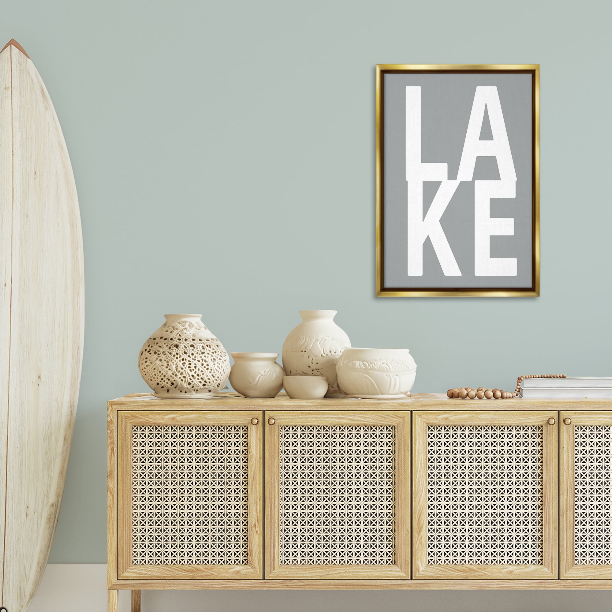 Stupell Industries Lake Word on Grey Typography Painting Gold Floater Framed Art Print Wall Art, 21 x 31