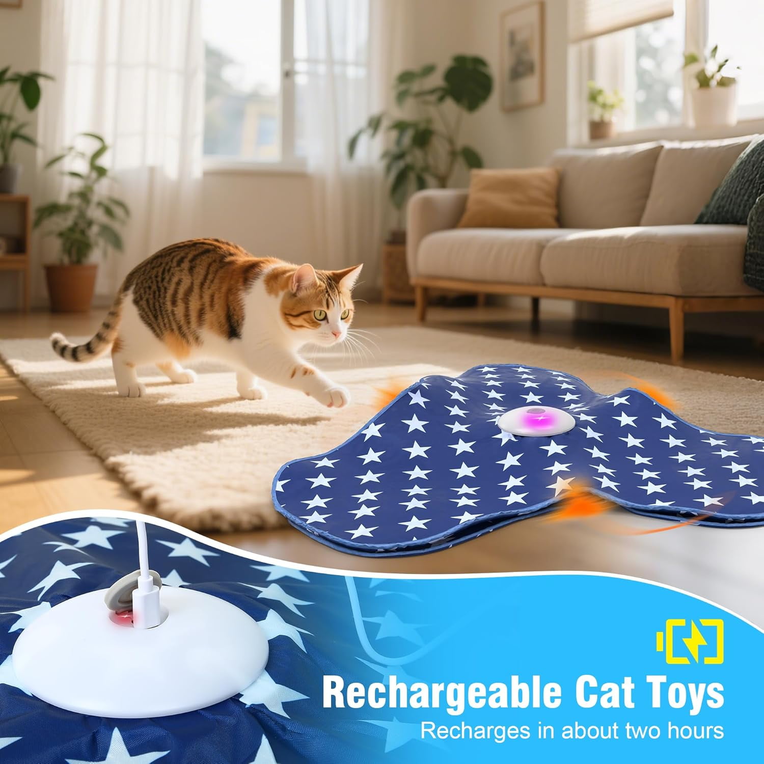 Rechargeable Electric Cat Toy, Touch-Activated Kitten Toy, Hidden Feather, Realistic Mouse Squeaking Sound
