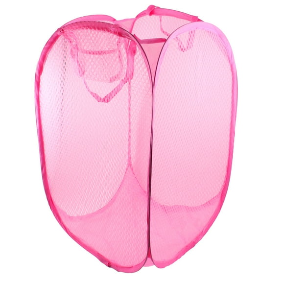 Unique Bargains Home Foldable Pink Meshy Design Clothes Storage Laundry Basket Hamper