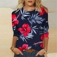 thumbnail image 2 of Yghzkop 3/4 Length Sleeve Womens Tops Summer Fashion Floral Print Round Neck Top Casual Loose Fit T-Shirts Cotton Blend Weekend Getaway Run Shirt Blouse, 2 of 5