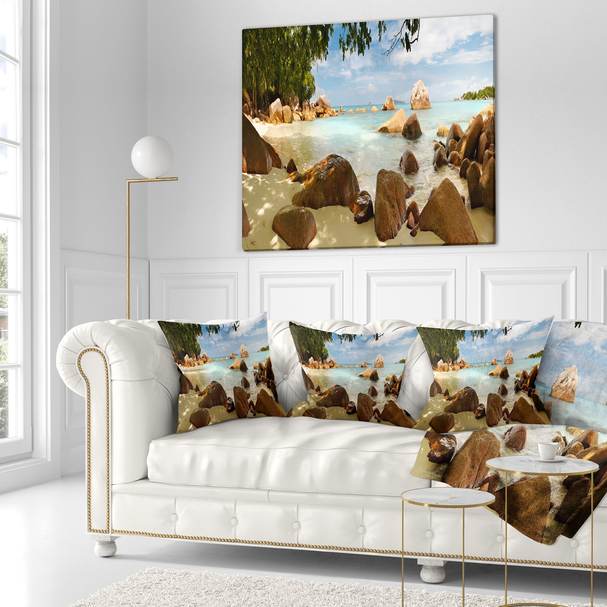 Designart Tropical Rocky Beach Panorama - Landscape Printed Throw Pillow - 18x18