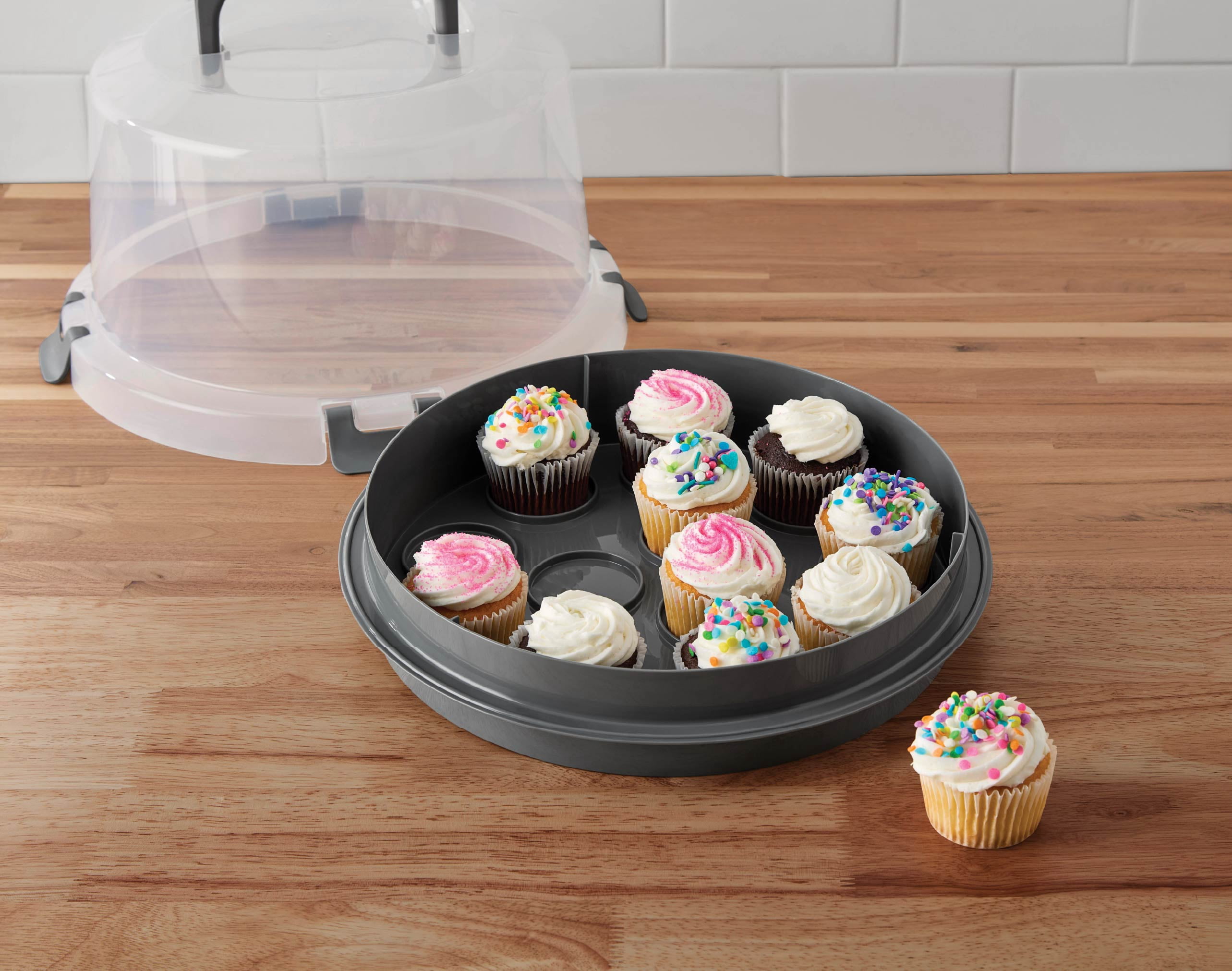 Mainstays Cake & Cupcake Carrier with Flippible Base, Lid, Handle & Clasps, Grey Plastic