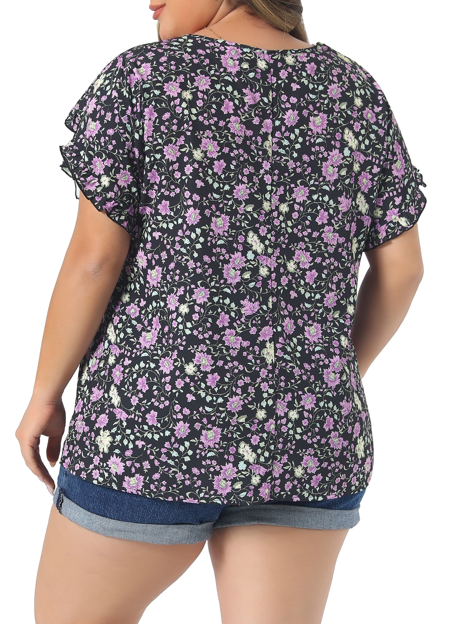 DARING DIVA Women's Plus Tulip Sleeves Crew Neck Floral Print Tops 4X Purple