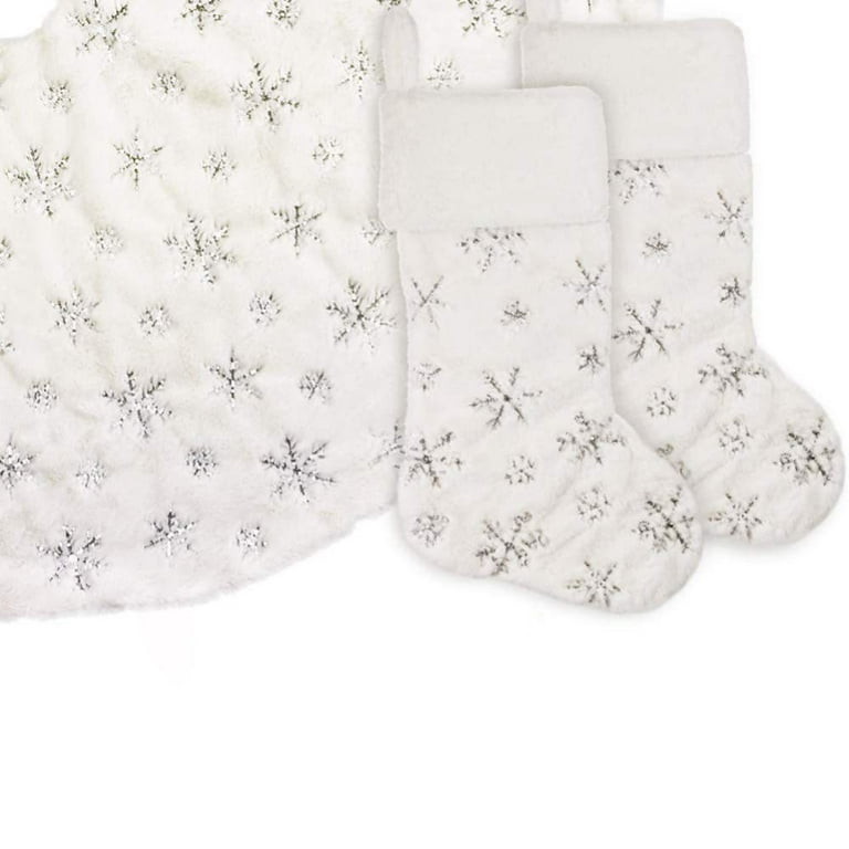 Ranipobo Christmas Stockings - 4 Pack 18 inch Big Christmas Stocking Stuffers White Faux Fur Fireplace Hanging Xmas Stockings Sequin Snowflakes Socks Gift