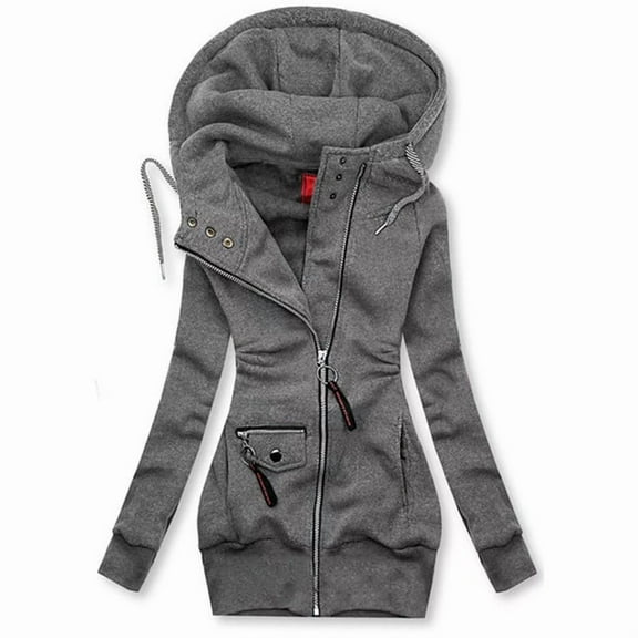 MORTTIC Women's Solid Color Drawstring Hooded Long Sleeve Zip Up Jackets Button Pocket Details Slim Fit Top Gray，S