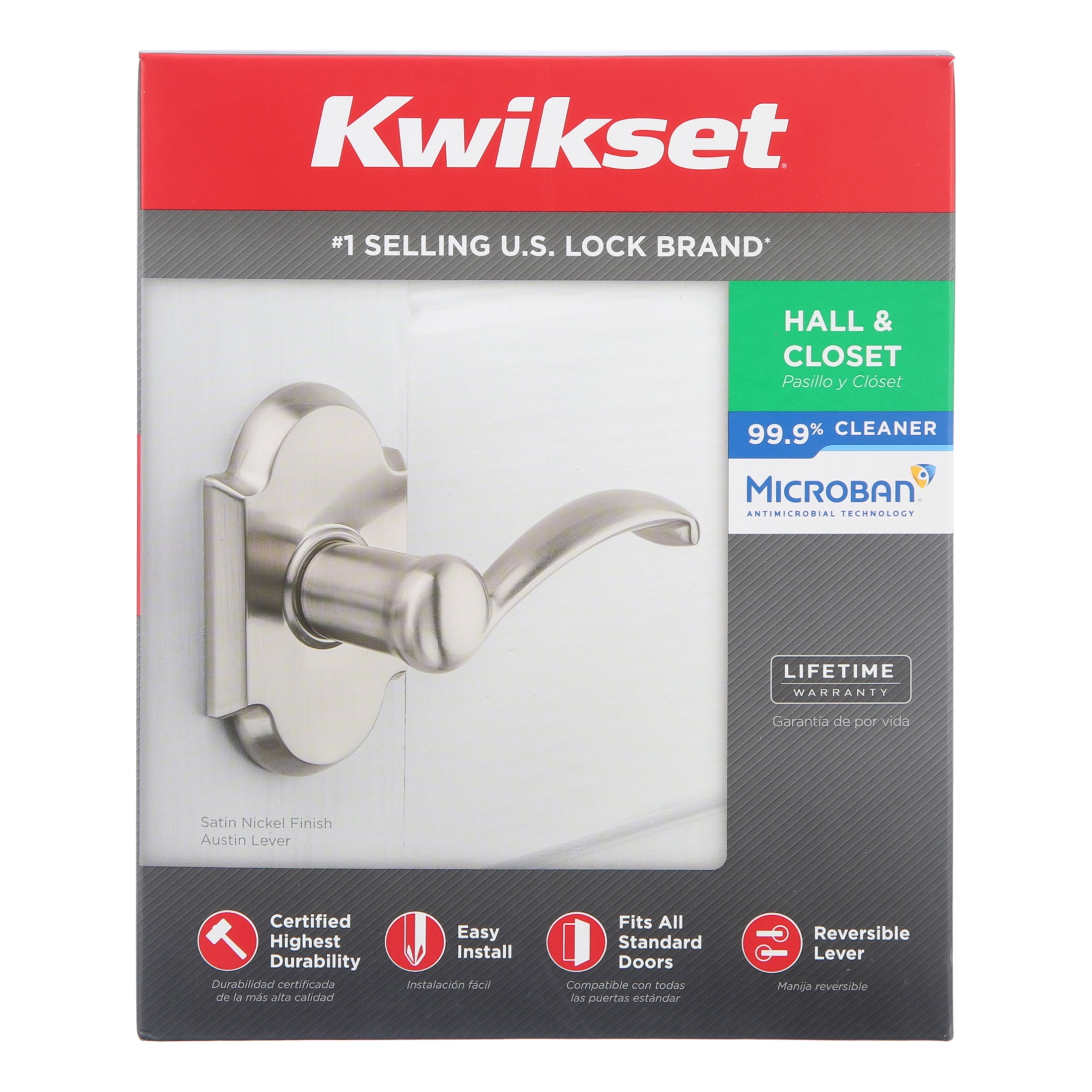 NEW IN BOX Kwikset 97200-771 Satin Nickel Austin Hall & Closet Lever ARCHED 