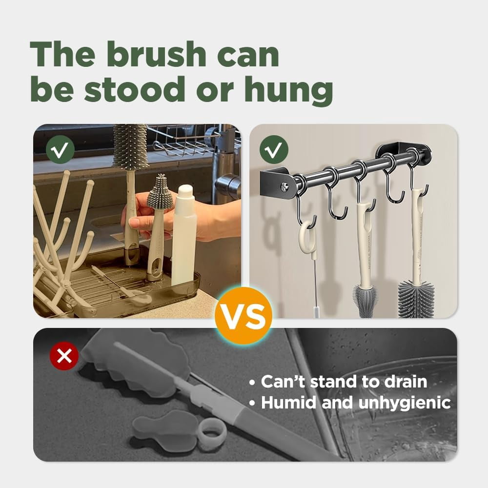 Travel Bottle Brush, Travel Essential Bottle Cleaner Kit with Silicone Bottle Brush, Nipple Cleaner Brush, Straw Brush, Soap Dispenser, Storage Box, Bottle Drying Rack for Home and Travel(Coffee)