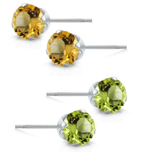 Gem Stone King 925 Sterling Silver 4mm Green Peridot and Yellow Citrine Stud Earrings for Women Men Set of 2