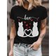 thumbnail image 5 of Camiseta de mujer con pareja de gatos, camisetas de manga corta, camisetas casuales, camiseta de cuello redondo con amor rojo para mujer, 5 of 8