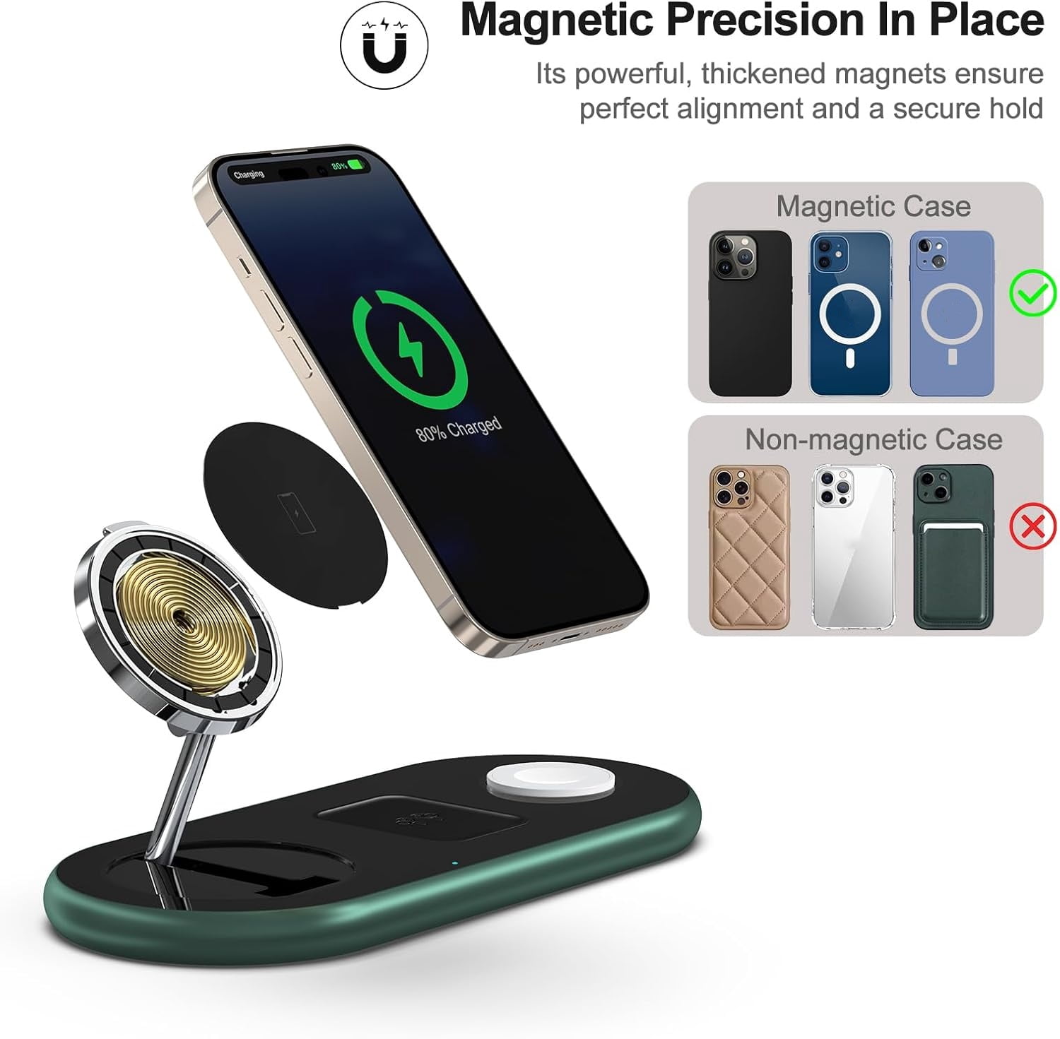 3 in 1 Charging Station for Apple Devices, Wireless Charger, Faster Mag-Safe Charger Stand, Magnetic Wireless Charger Station for iPhone 15 14 13 12, Apple Watch Iwacth and AirPods (Alpine Green)