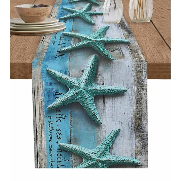 Teal Starfish Coastal Table Runner 60 Inches, Summer Beach Nautical Ocean Bed Runner Dresser Scarves Tabletop for Indoor Outdoor Parties/Ceremony/Banquet, 13" x 60"