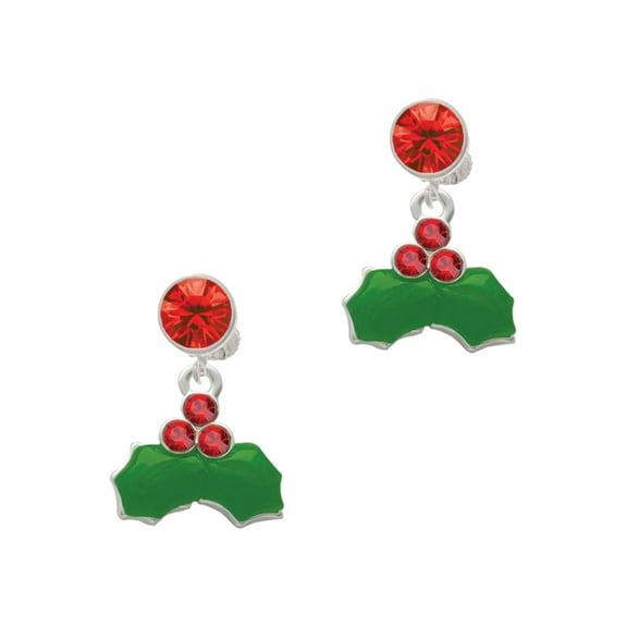Delight Jewelry Silvertone Christmas Holly & Red Crystal Berries Red Crystal Clip on Earrings